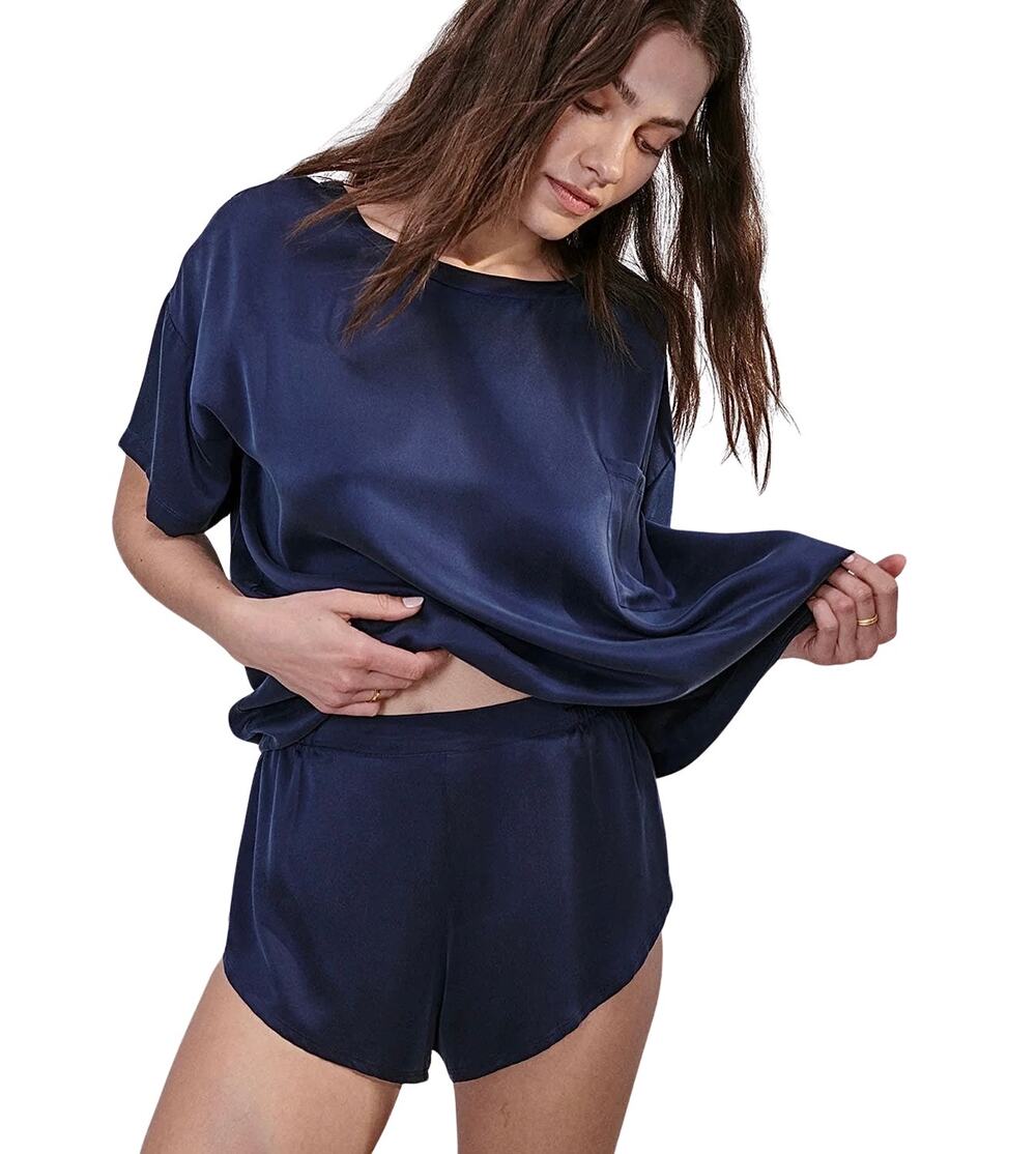 LUNYA Blue Bias Washable Silk Lounge Sleep Elastic Waist Shorts Women’s Size L